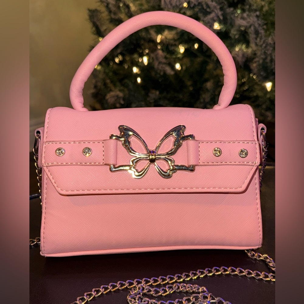 Blush Kiss Pink Butterfly Accent Women Juniors Chain Strap Crossbody Bag Y2K